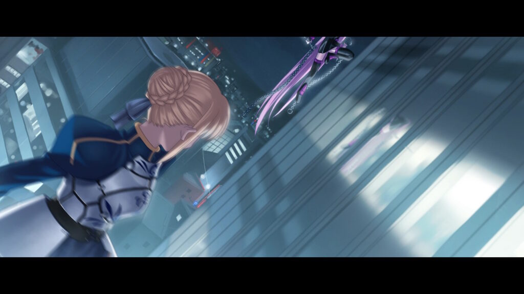 ビルを駆け上がりながら戦うライダーとセイバー
