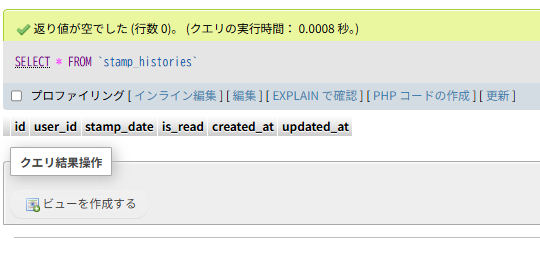 stamp_historiesテーブルの中身が空である様子