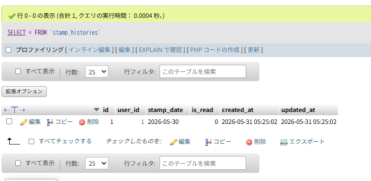 stamp_historiesテーブルにデータが入っている様子